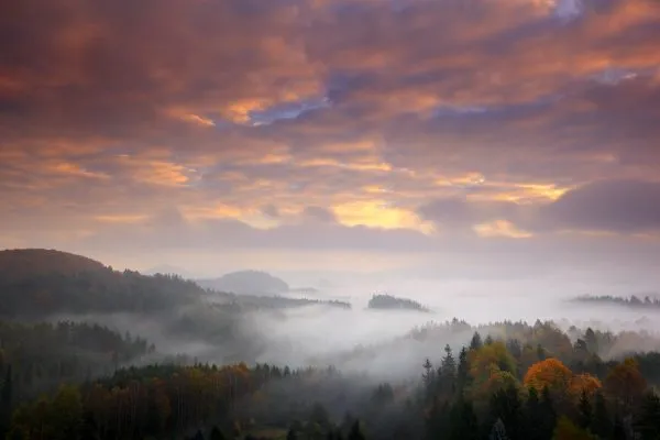 Czech typical autumn landscape. Hills and forest with foggy morning. Morning fall valley of Bohemian Switzerland park. Hills with fog, landscape of Czech Republic, Ceske Svycarsko, wild Europe.