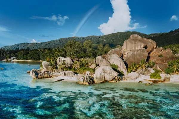 The most beautiful Anse Source D'Argent tropical beach, La Digue Seychelles. Luxury exotic travel concept