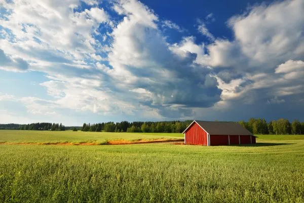 Red warehouse in Finland in the countryside
