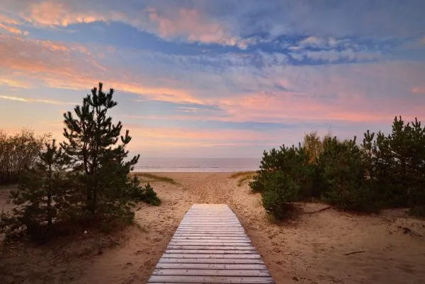 Baltic sea shore and a road through the sand dunes